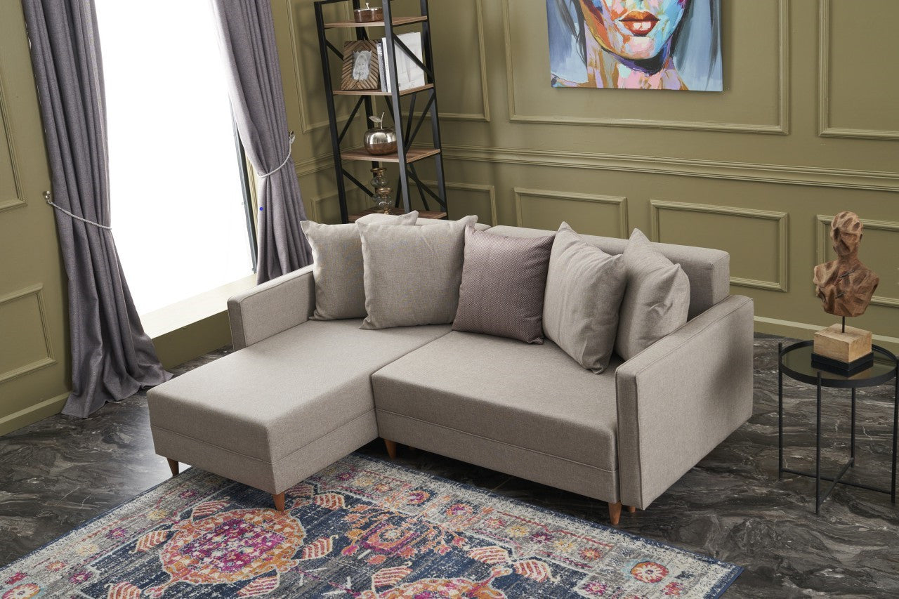 Sofá-cama de canto moderno, creme, estrutura de madeira de faia, 215 x 150 x 80 cm | 100% poliéster, fácil de limpar, inclui almofadas | Design escandinavo elegante