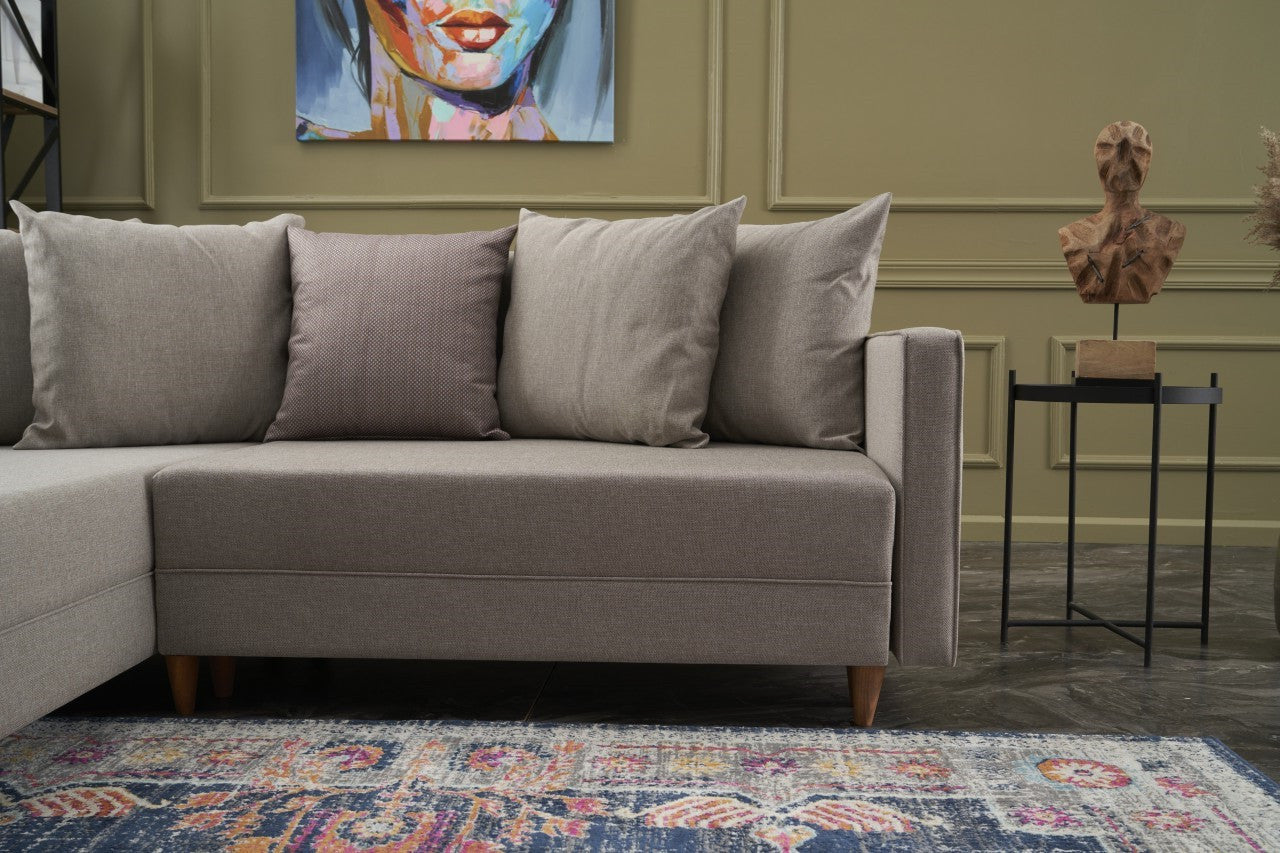 Sofá-cama de canto moderno, creme, estrutura de madeira de faia, 215 x 150 x 80 cm | 100% poliéster, fácil de limpar, inclui almofadas | Design escandinavo elegante