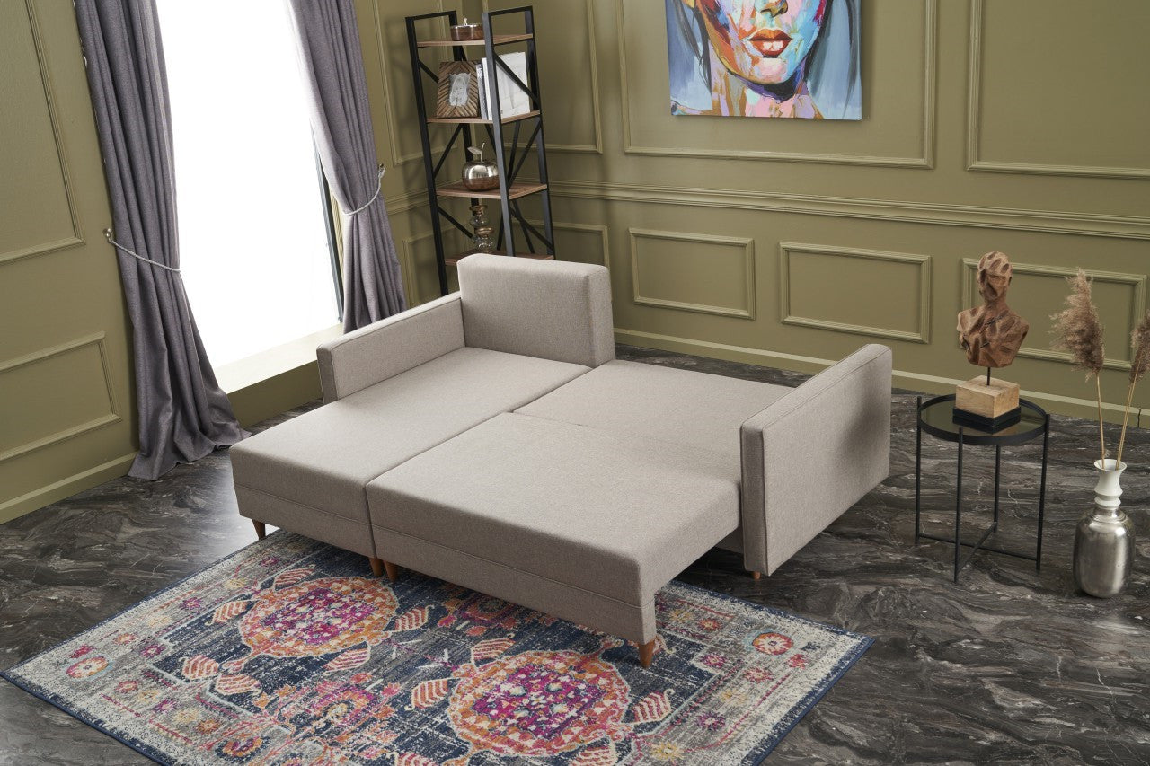 Sofá-cama de canto moderno, creme, estrutura de madeira de faia, 215 x 150 x 80 cm | 100% poliéster, fácil de limpar, inclui almofadas | Design escandinavo elegante
