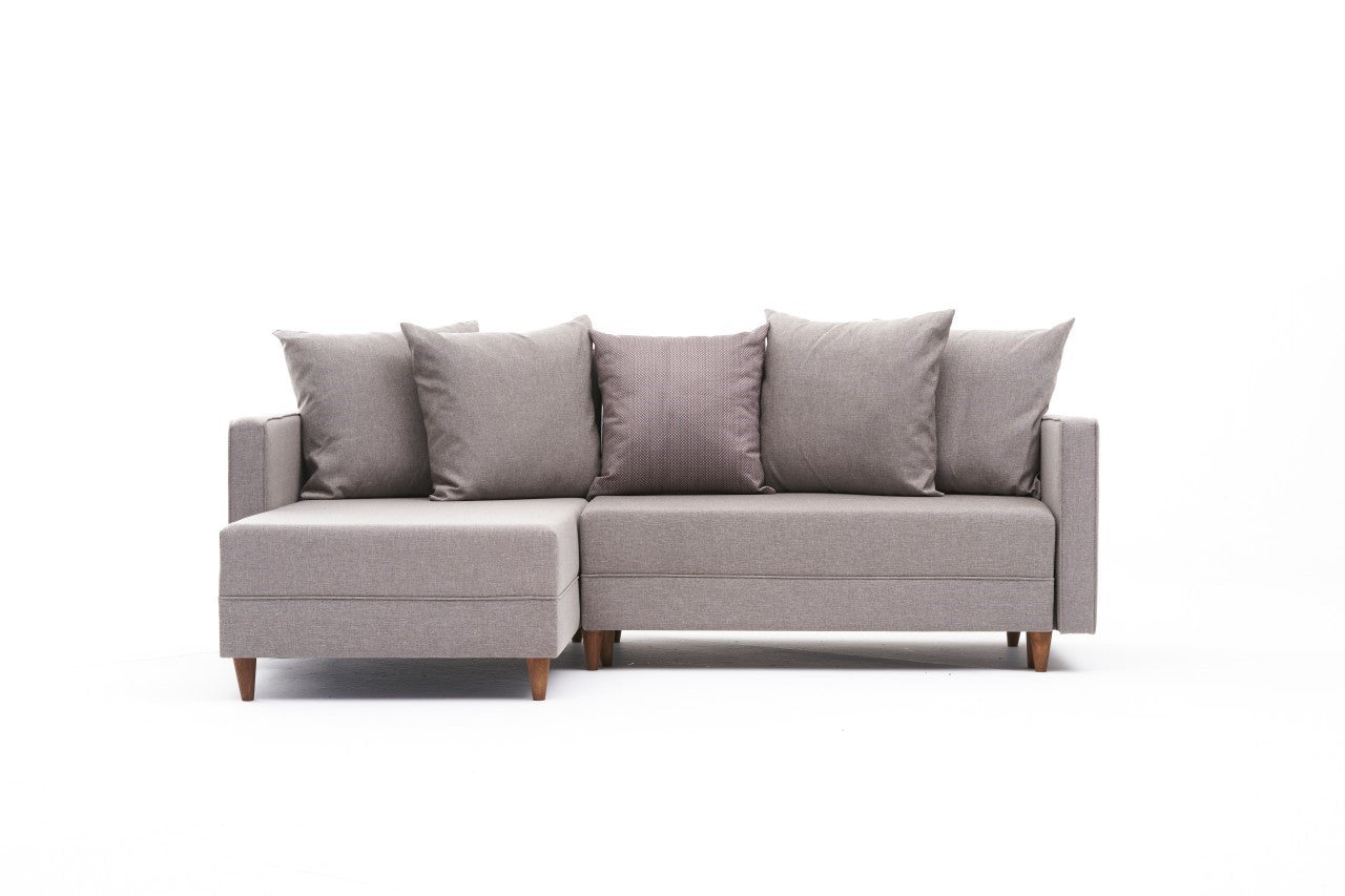 Sofá-cama de canto moderno, creme, estrutura de madeira de faia, 215 x 150 x 80 cm | 100% poliéster, fácil de limpar, inclui almofadas | Design escandinavo elegante