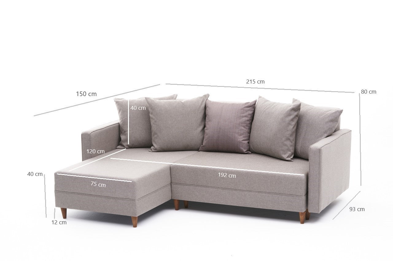 Sofá-cama de canto moderno, creme, estrutura de madeira de faia, 215 x 150 x 80 cm | 100% poliéster, fácil de limpar, inclui almofadas | Design escandinavo elegante