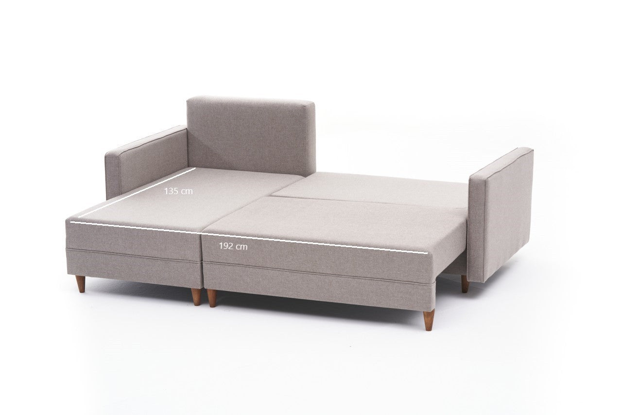Sofá-cama de canto moderno, creme, estrutura de madeira de faia, 215 x 150 x 80 cm | 100% poliéster, fácil de limpar, inclui almofadas | Design escandinavo elegante