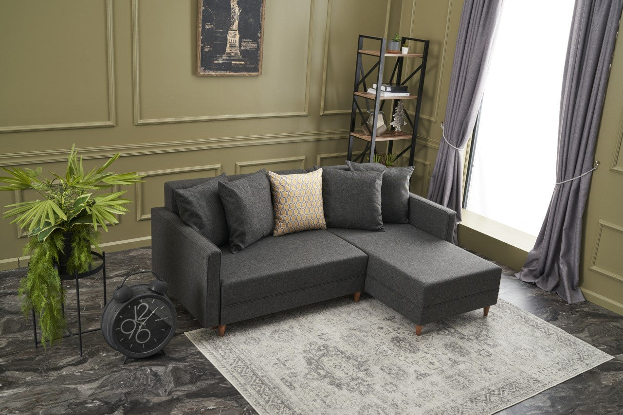Sofá-cama de canto moderno, antracite, 215 x 150 x 80 cm | Estrutura em madeira de faia, 100% poliéster, fácil de limpar, inclui almofadas | Design escandinavo elegante