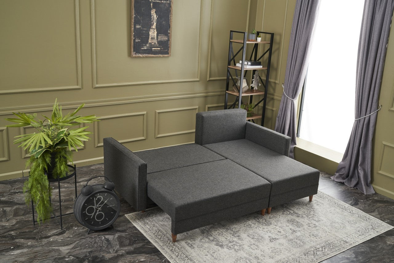Sofá-cama de canto moderno, antracite, 215 x 150 x 80 cm | Estrutura em madeira de faia, 100% poliéster, fácil de limpar, inclui almofadas | Design escandinavo elegante