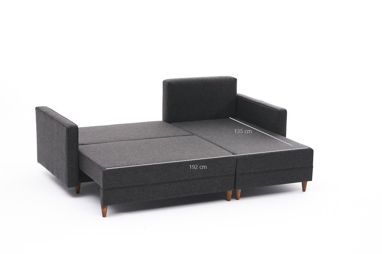 Sofá-cama de canto moderno, antracite, 215 x 150 x 80 cm | Estrutura em madeira de faia, 100% poliéster, fácil de limpar, inclui almofadas | Design escandinavo elegante