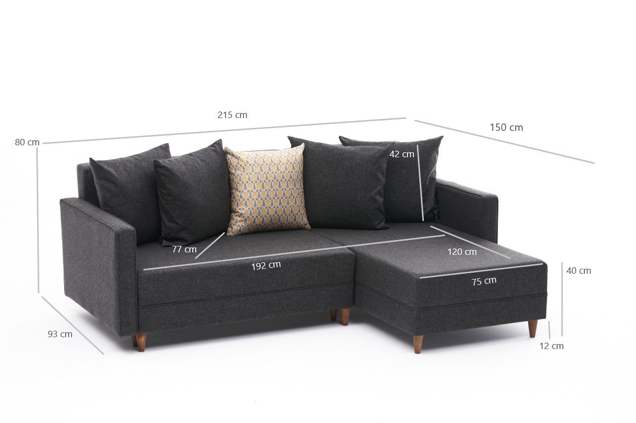 Sofá-cama de canto moderno, antracite, 215 x 150 x 80 cm | Estrutura em madeira de faia, 100% poliéster, fácil de limpar, inclui almofadas | Design escandinavo elegante