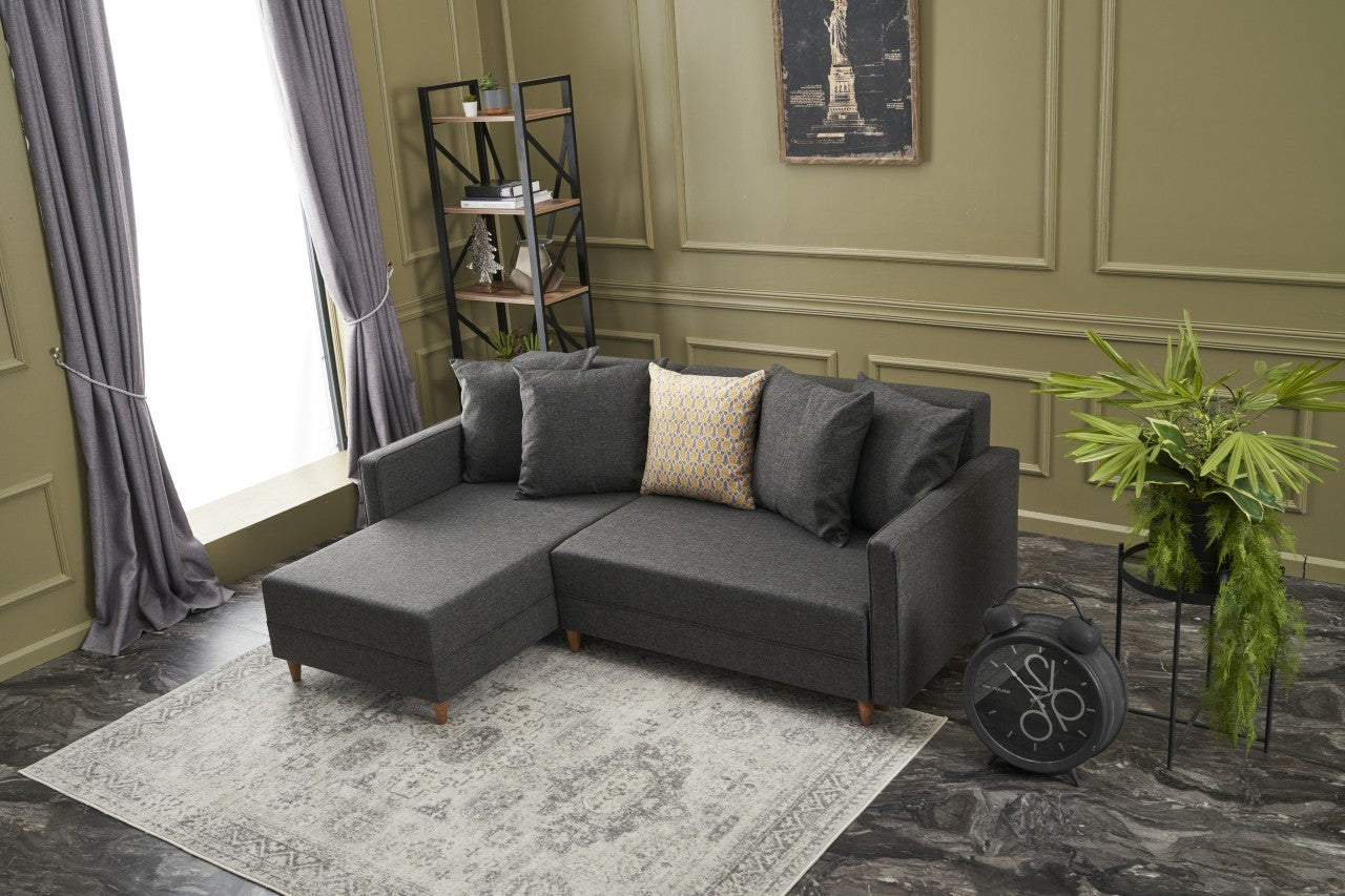 Sofá-cama de canto moderno, antracite, 215 x 150 x 80 cm | Estrutura em madeira de faia, 100% poliéster, fácil de limpar, inclui almofadas | Design escandinavo elegante
