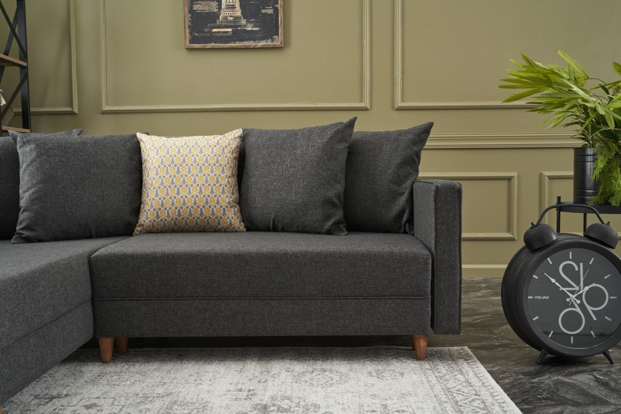 Sofá-cama de canto moderno, antracite, 215 x 150 x 80 cm | Estrutura em madeira de faia, 100% poliéster, fácil de limpar, inclui almofadas | Design escandinavo elegante