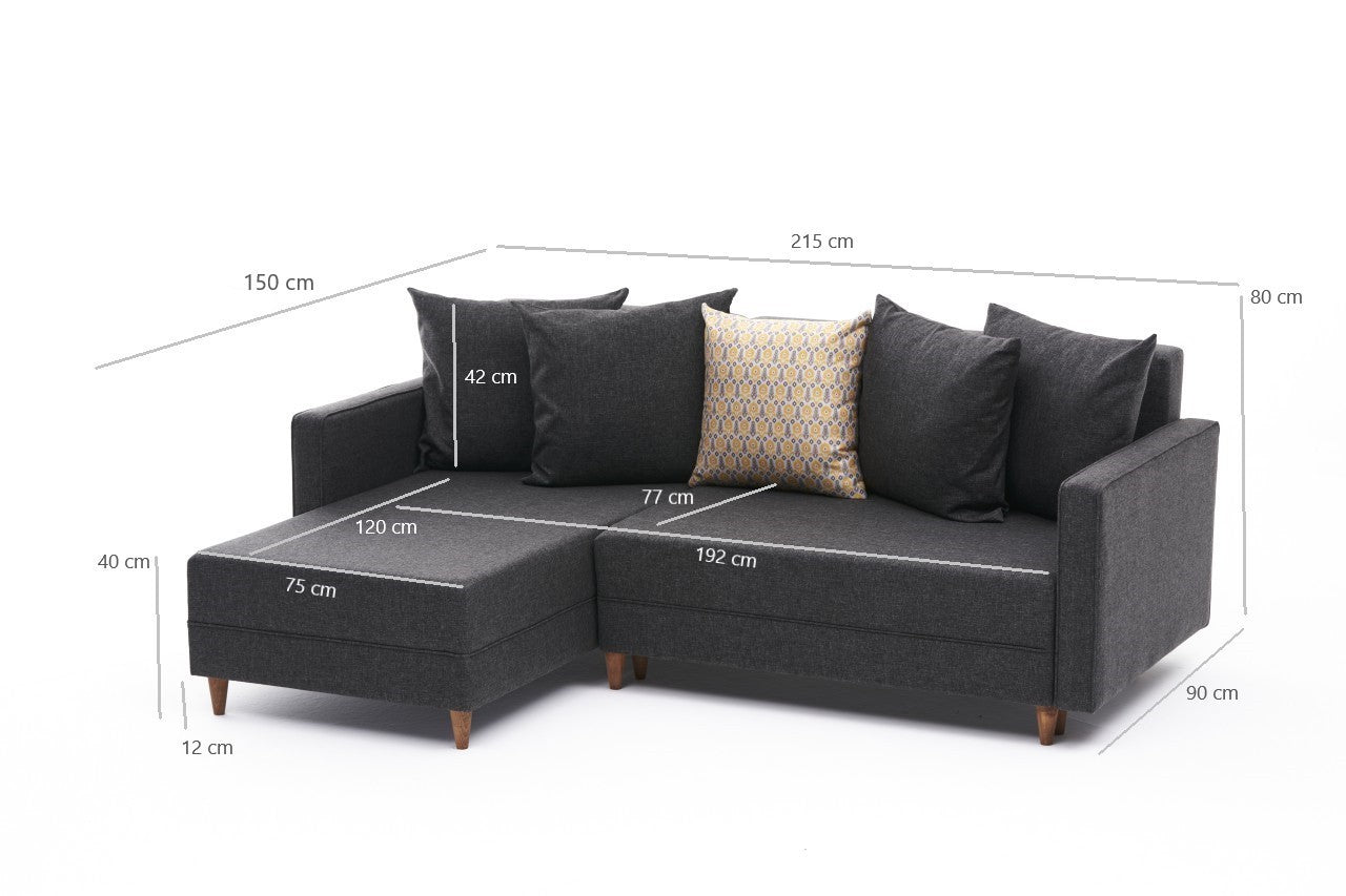 Sofá-cama de canto moderno, antracite, 215 x 150 x 80 cm | Estrutura em madeira de faia, 100% poliéster, fácil de limpar, inclui almofadas | Design escandinavo elegante