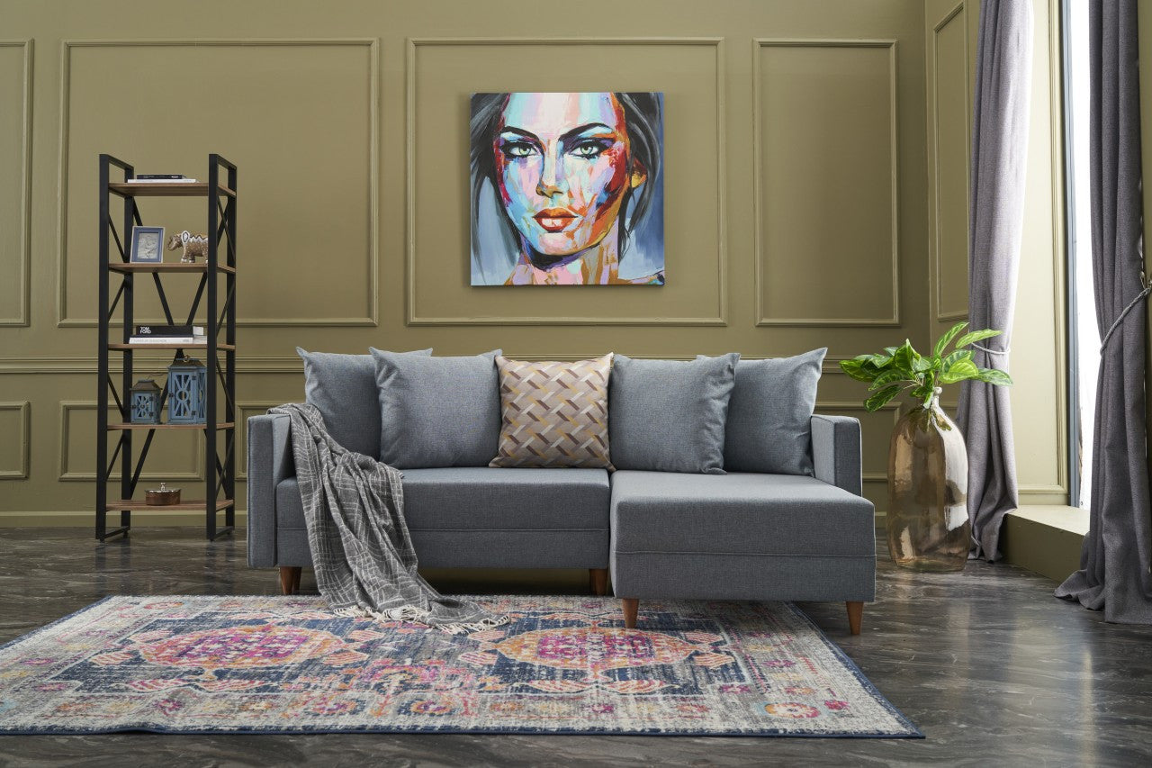 Sofá-cama de canto moderno, azul, estrutura de madeira de faia, 215 x 150 x 80 cm | 100% poliéster, fácil de limpar, inclui almofadas | Perfeito para o estilo de vida escandinavo