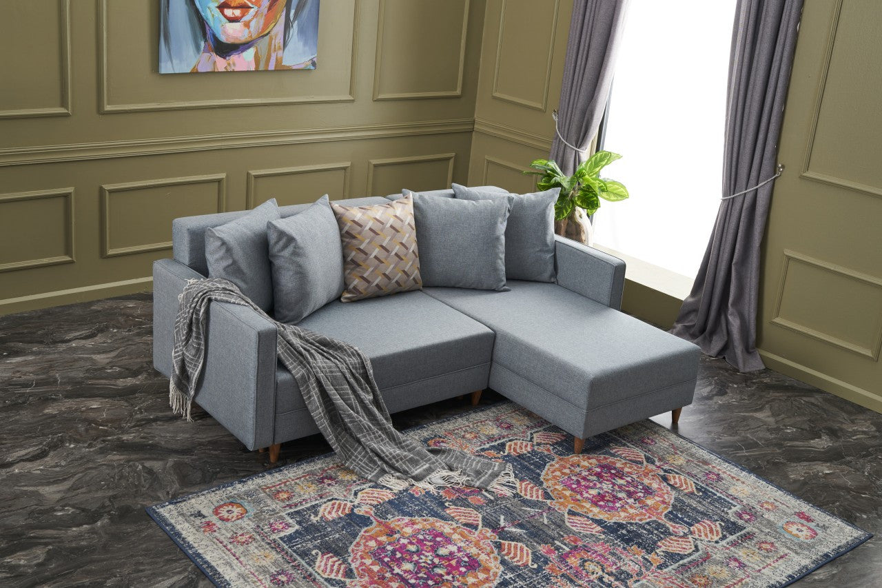 Sofá-cama de canto moderno, azul, estrutura de madeira de faia, 215 x 150 x 80 cm | 100% poliéster, fácil de limpar, inclui almofadas | Perfeito para o estilo de vida escandinavo