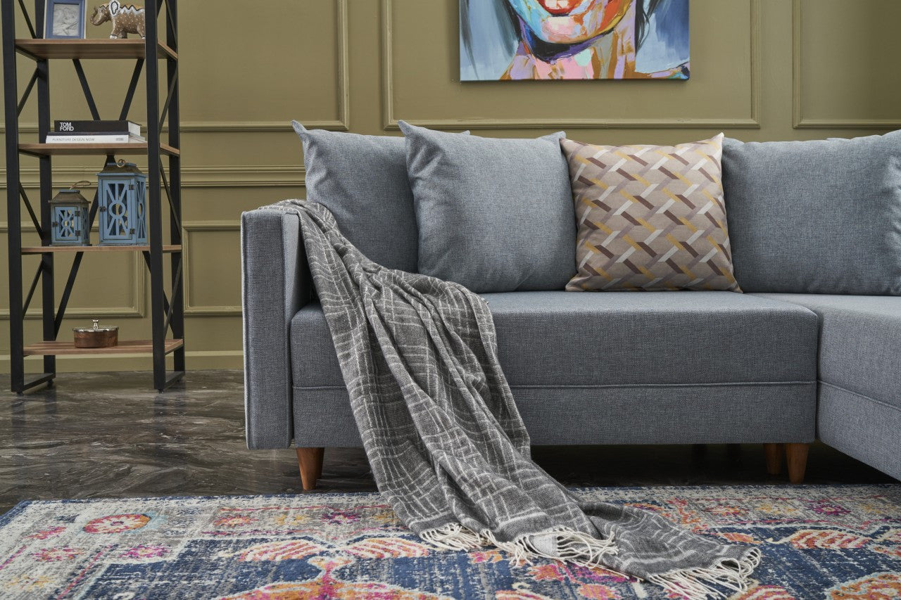 Sofá-cama de canto moderno, azul, estrutura de madeira de faia, 215 x 150 x 80 cm | 100% poliéster, fácil de limpar, inclui almofadas | Perfeito para o estilo de vida escandinavo