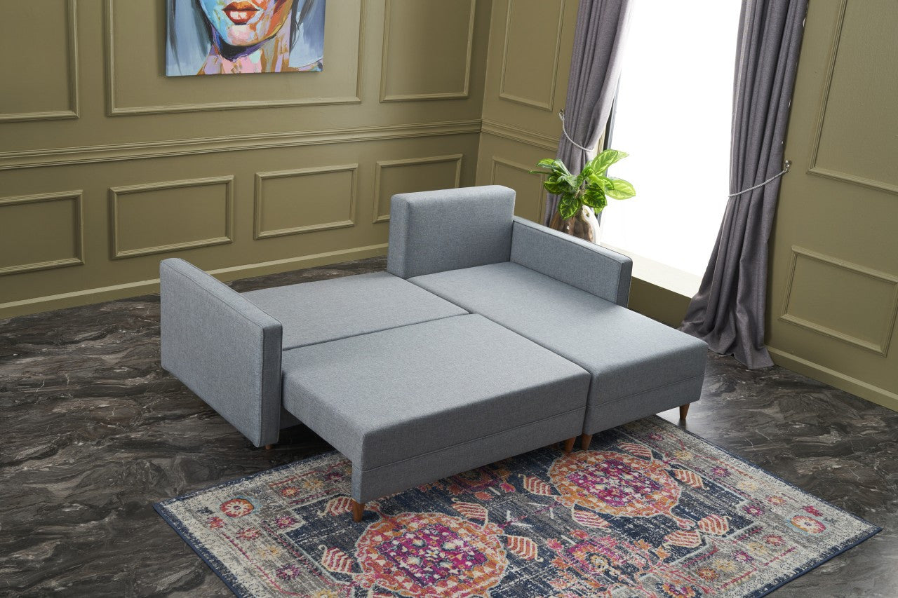 Sofá-cama de canto moderno, azul, estrutura de madeira de faia, 215 x 150 x 80 cm | 100% poliéster, fácil de limpar, inclui almofadas | Perfeito para o estilo de vida escandinavo