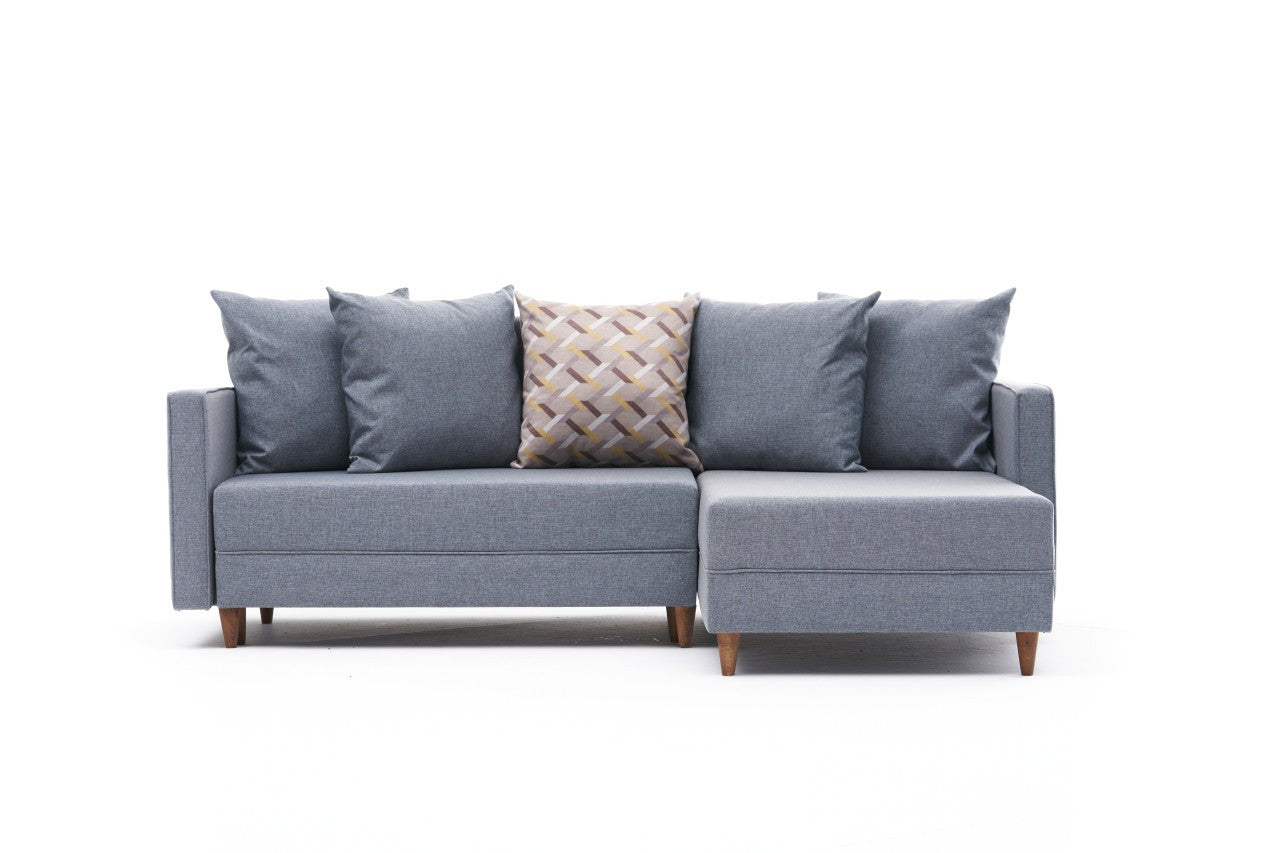 Sofá-cama de canto moderno, azul, estrutura de madeira de faia, 215 x 150 x 80 cm | 100% poliéster, fácil de limpar, inclui almofadas | Perfeito para o estilo de vida escandinavo