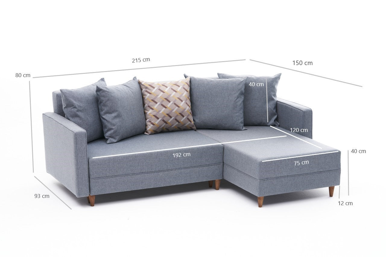 Sofá-cama de canto moderno, azul, estrutura de madeira de faia, 215 x 150 x 80 cm | 100% poliéster, fácil de limpar, inclui almofadas | Perfeito para o estilo de vida escandinavo