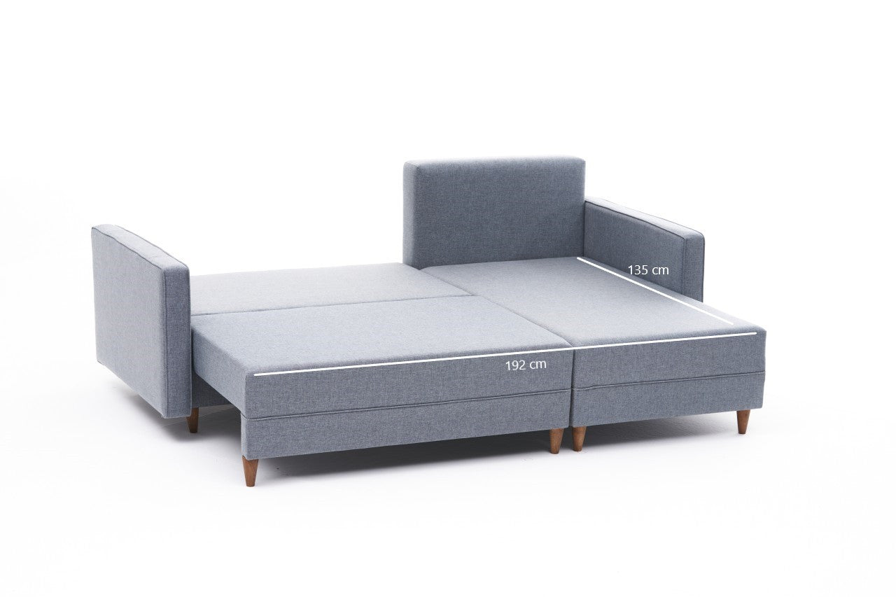 Sofá-cama de canto moderno, azul, estrutura de madeira de faia, 215 x 150 x 80 cm | 100% poliéster, fácil de limpar, inclui almofadas | Perfeito para o estilo de vida escandinavo