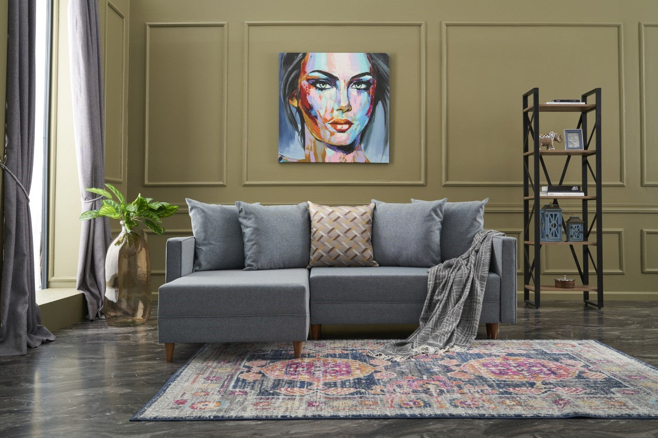 Sofá-cama de canto moderno, azul, estrutura de madeira de faia, 215 x 150 x 80 cm | 100% poliéster, fácil de limpar, inclui almofadas | Perfeito para o estilo de vida escandinavo
