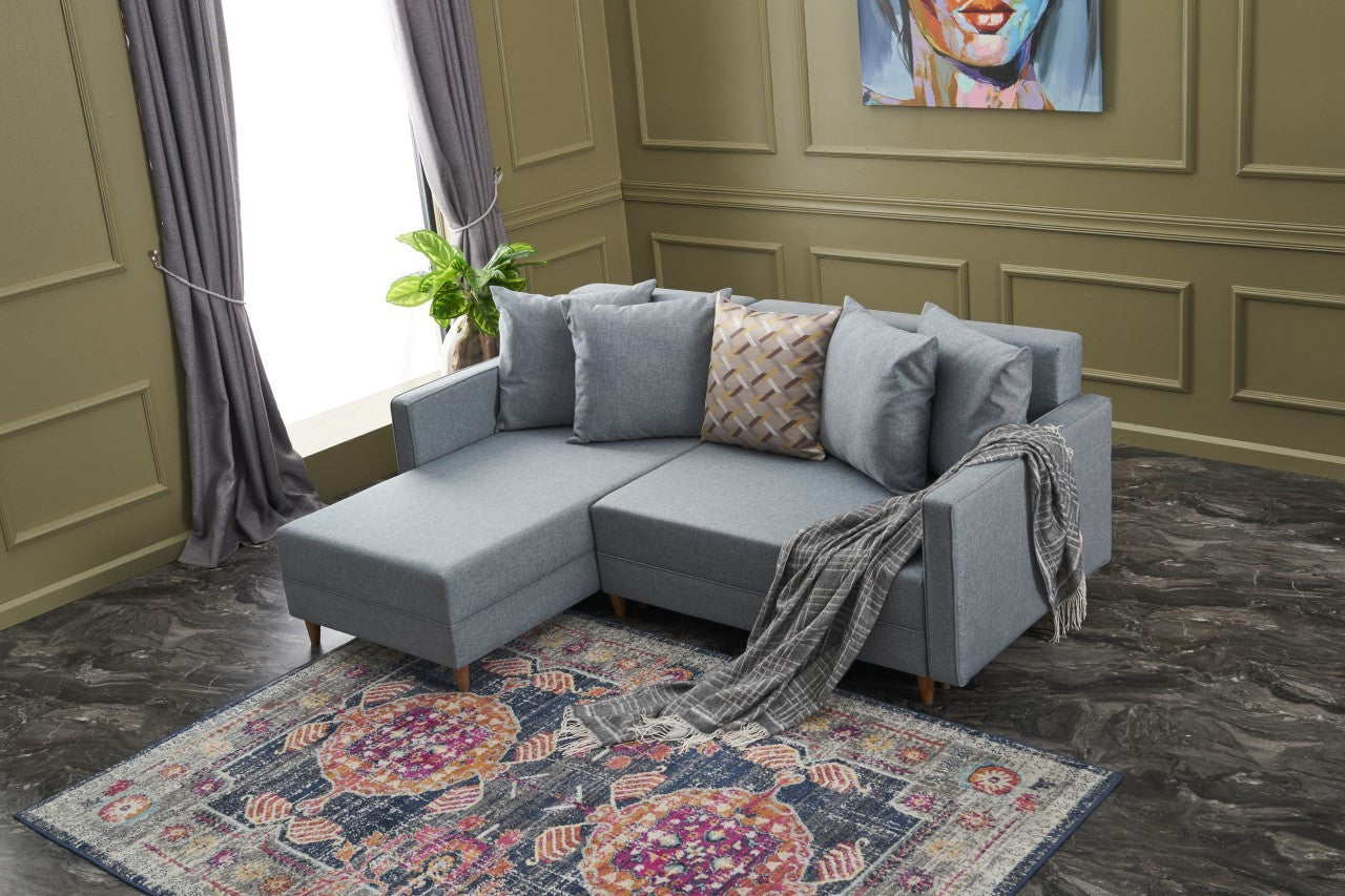 Sofá-cama de canto moderno, azul, estrutura de madeira de faia, 215 x 150 x 80 cm | 100% poliéster, fácil de limpar, inclui almofadas | Perfeito para o estilo de vida escandinavo