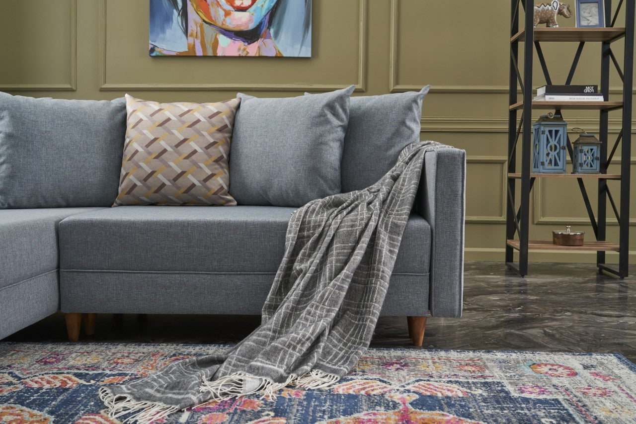 Sofá-cama de canto moderno, azul, estrutura de madeira de faia, 215 x 150 x 80 cm | 100% poliéster, fácil de limpar, inclui almofadas | Perfeito para o estilo de vida escandinavo