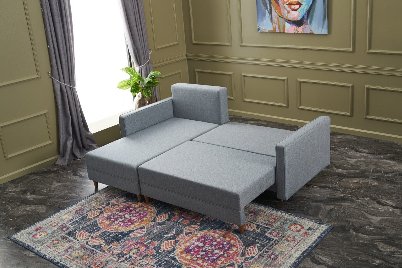 Sofá-cama de canto moderno, azul, estrutura de madeira de faia, 215 x 150 x 80 cm | 100% poliéster, fácil de limpar, inclui almofadas | Perfeito para o estilo de vida escandinavo