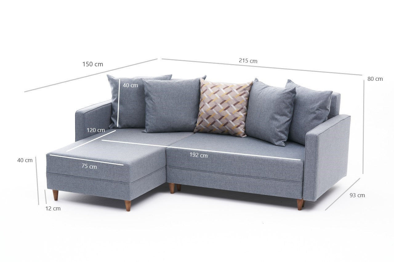 Sofá-cama de canto moderno, azul, estrutura de madeira de faia, 215 x 150 x 80 cm | 100% poliéster, fácil de limpar, inclui almofadas | Perfeito para o estilo de vida escandinavo