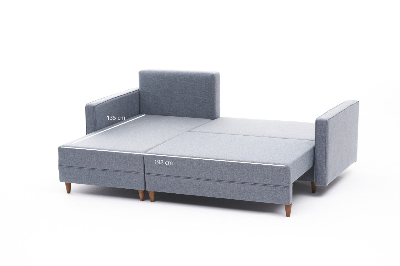Sofá-cama de canto moderno, azul, estrutura de madeira de faia, 215 x 150 x 80 cm | 100% poliéster, fácil de limpar, inclui almofadas | Perfeito para o estilo de vida escandinavo