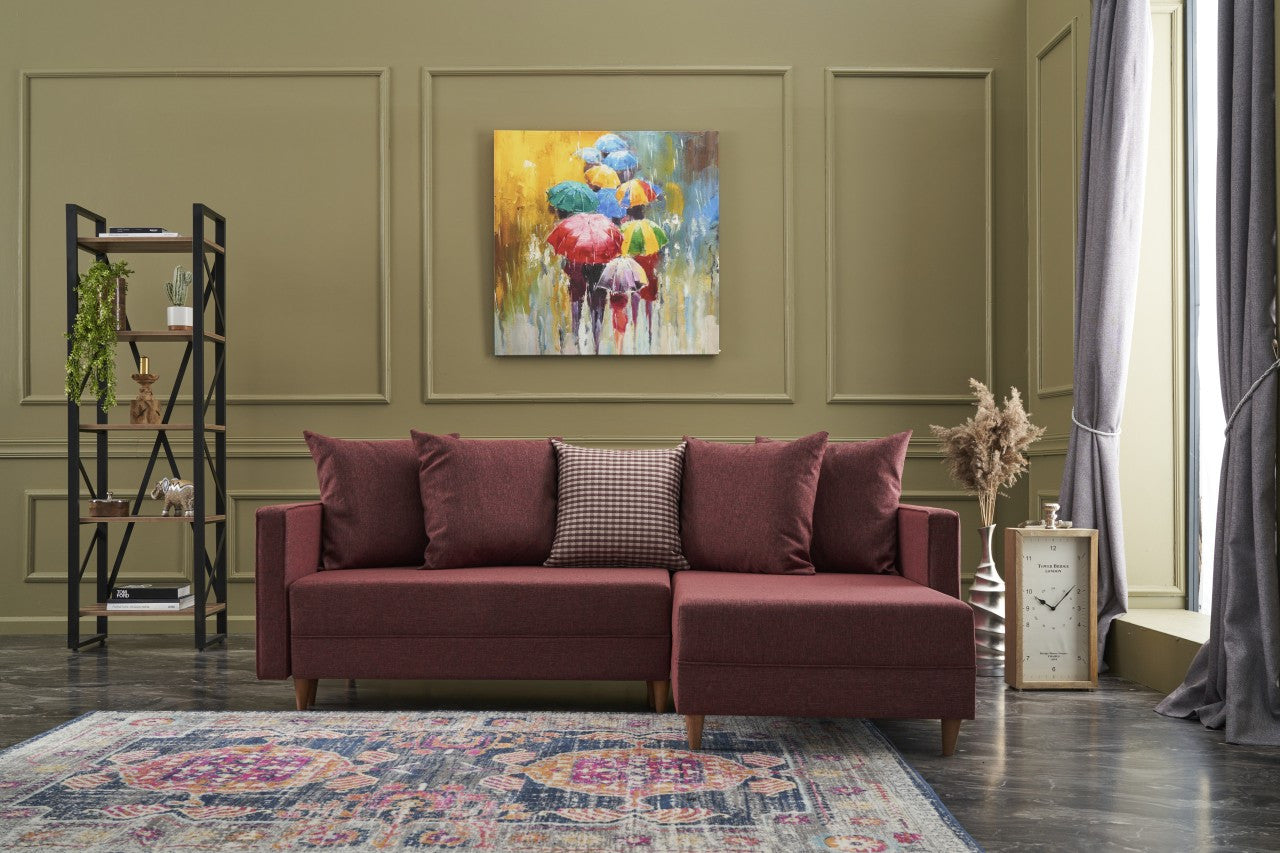 Sofá-cama de canto vermelho Claret, estrutura de madeira de faia, 215 x 150 x 80 cm | 100% poliéster, fácil de limpar, inclui almofadas | Elegante e funcional para espaços de convivência modernos