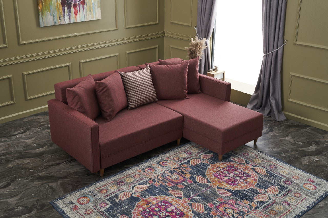 Sofá-cama de canto vermelho Claret, estrutura de madeira de faia, 215 x 150 x 80 cm | 100% poliéster, fácil de limpar, inclui almofadas | Elegante e funcional para espaços de convivência modernos