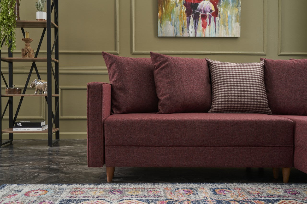 Sofá-cama de canto vermelho Claret, estrutura de madeira de faia, 215 x 150 x 80 cm | 100% poliéster, fácil de limpar, inclui almofadas | Elegante e funcional para espaços de convivência modernos