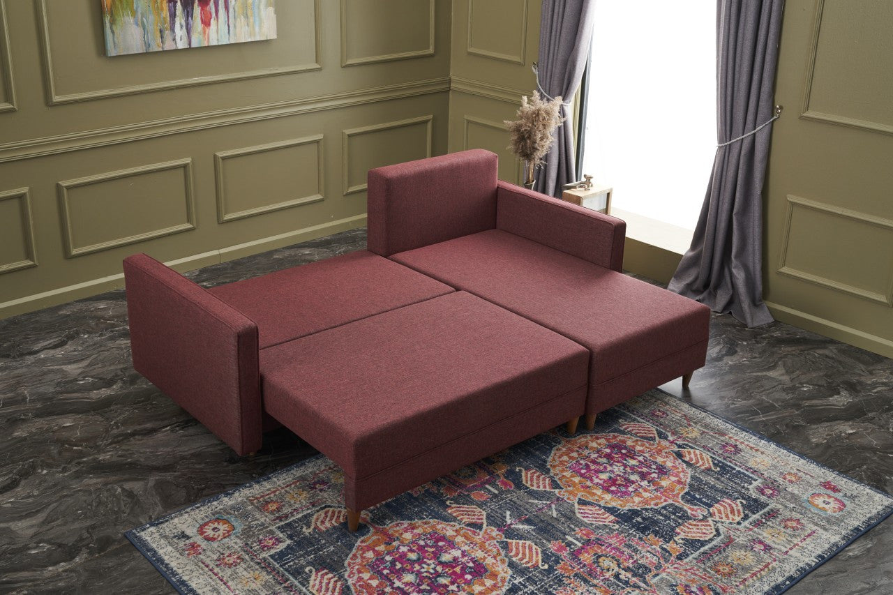 Sofá-cama de canto vermelho Claret, estrutura de madeira de faia, 215 x 150 x 80 cm | 100% poliéster, fácil de limpar, inclui almofadas | Elegante e funcional para espaços de convivência modernos