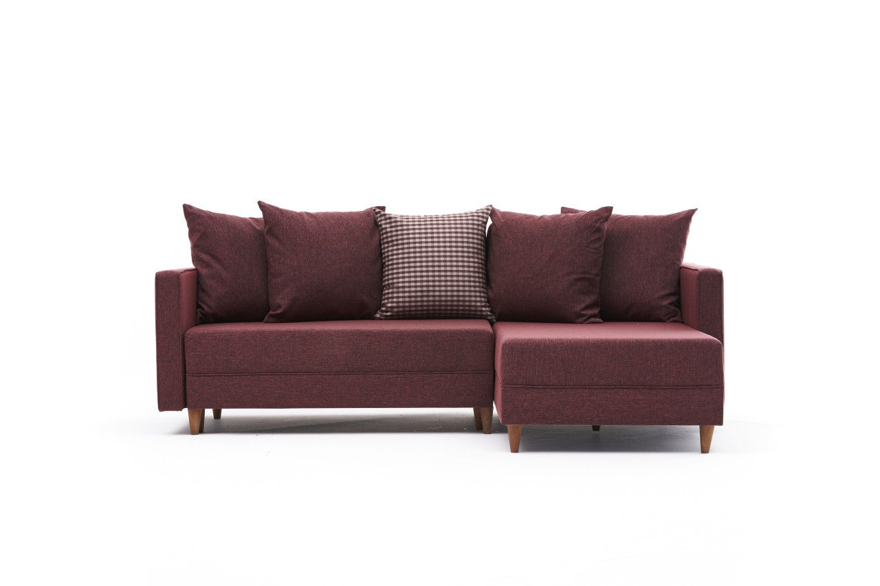 Sofá-cama de canto vermelho Claret, estrutura de madeira de faia, 215 x 150 x 80 cm | 100% poliéster, fácil de limpar, inclui almofadas | Elegante e funcional para espaços de convivência modernos