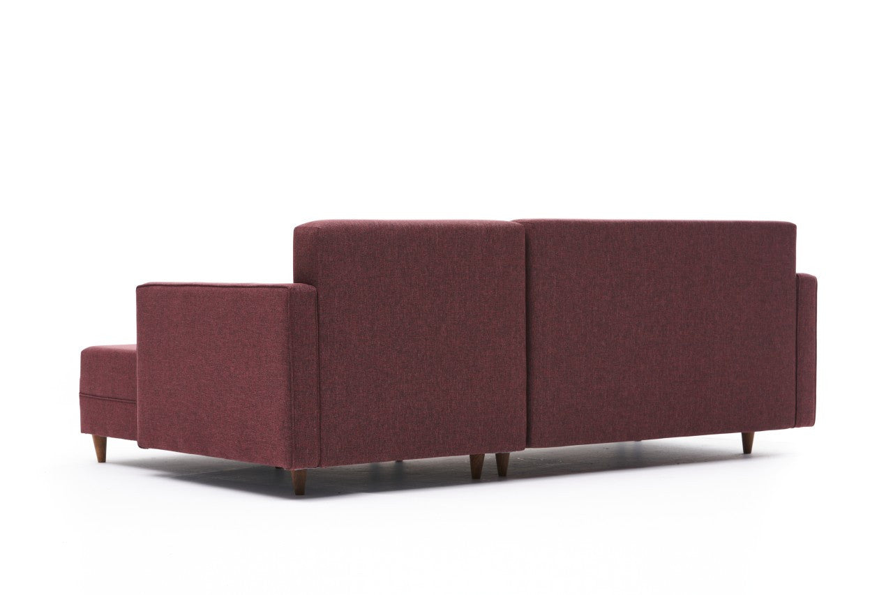 Sofá-cama de canto vermelho Claret, estrutura de madeira de faia, 215 x 150 x 80 cm | 100% poliéster, fácil de limpar, inclui almofadas | Elegante e funcional para espaços de convivência modernos