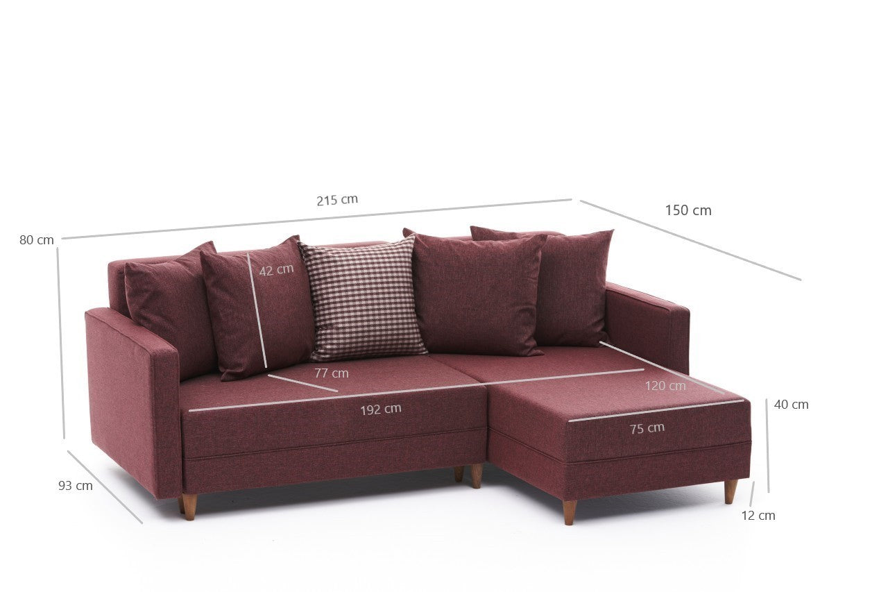 Sofá-cama de canto vermelho Claret, estrutura de madeira de faia, 215 x 150 x 80 cm | 100% poliéster, fácil de limpar, inclui almofadas | Elegante e funcional para espaços de convivência modernos