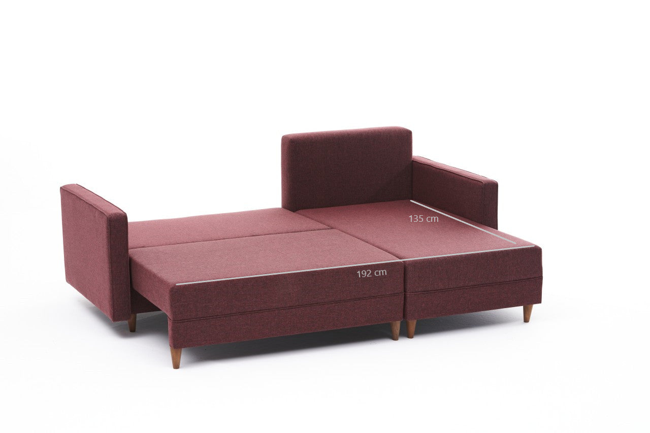Sofá-cama de canto vermelho Claret, estrutura de madeira de faia, 215 x 150 x 80 cm | 100% poliéster, fácil de limpar, inclui almofadas | Elegante e funcional para espaços de convivência modernos