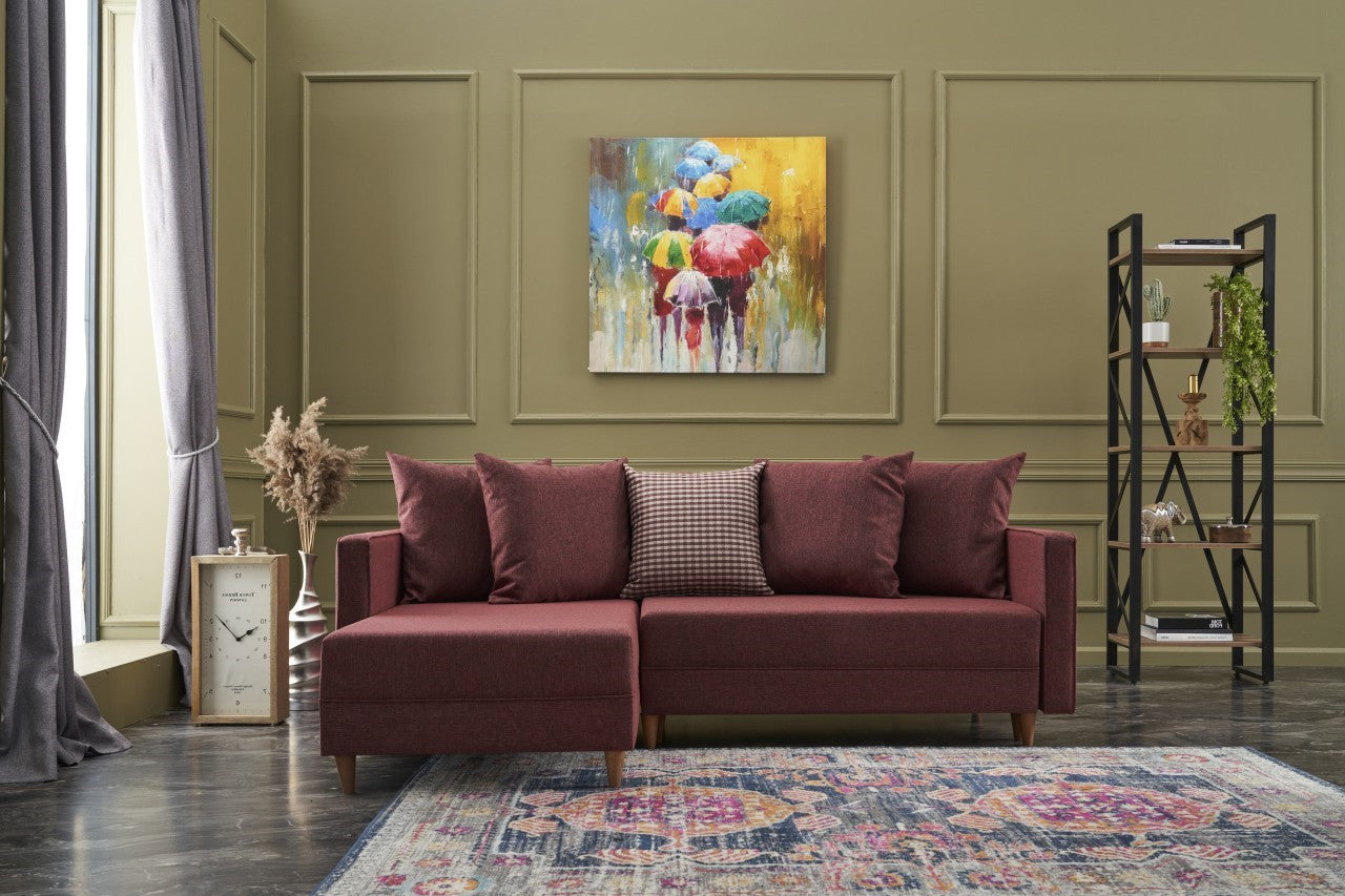 Sofá-cama de canto vermelho Claret, estrutura de madeira de faia, 215 x 150 cm | 100% poliéster, fácil de limpar, inclui almofadas | Design escandinavo moderno, perfeito para salas de estar