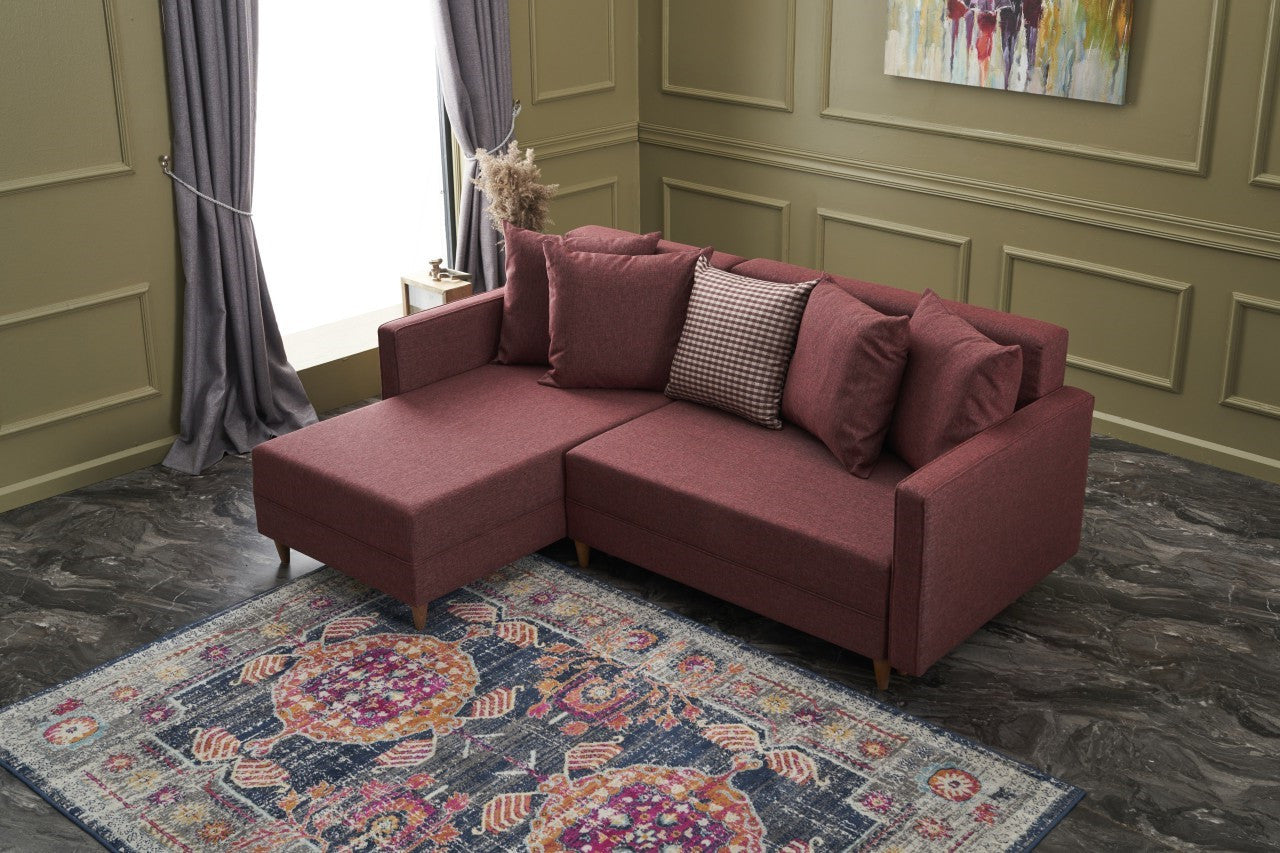Sofá-cama de canto vermelho Claret, estrutura de madeira de faia, 215 x 150 cm | 100% poliéster, fácil de limpar, inclui almofadas | Design escandinavo moderno, perfeito para salas de estar