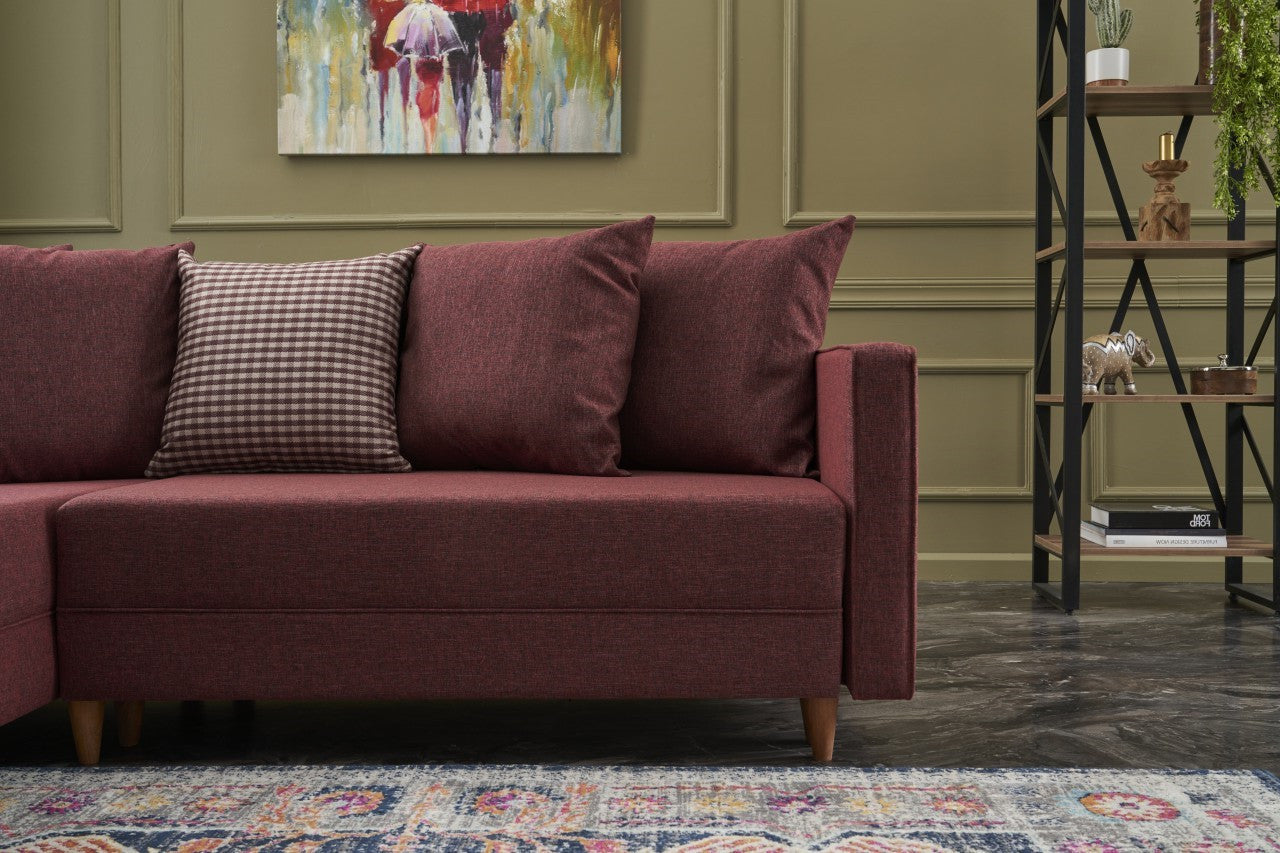 Sofá-cama de canto vermelho Claret, estrutura de madeira de faia, 215 x 150 cm | 100% poliéster, fácil de limpar, inclui almofadas | Design escandinavo moderno, perfeito para salas de estar