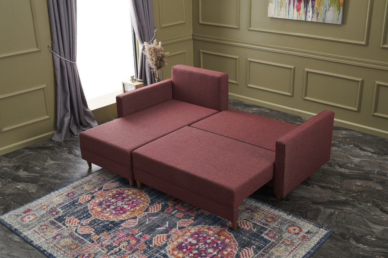 Sofá-cama de canto vermelho Claret, estrutura de madeira de faia, 215 x 150 cm | 100% poliéster, fácil de limpar, inclui almofadas | Design escandinavo moderno, perfeito para salas de estar