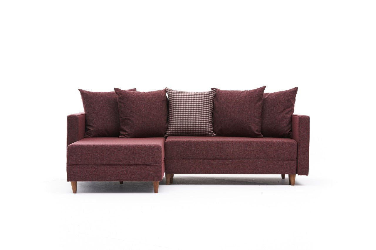 Sofá-cama de canto vermelho Claret, estrutura de madeira de faia, 215 x 150 cm | 100% poliéster, fácil de limpar, inclui almofadas | Design escandinavo moderno, perfeito para salas de estar