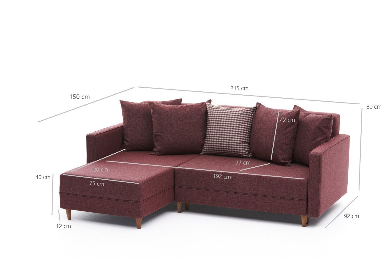 Sofá-cama de canto vermelho Claret, estrutura de madeira de faia, 215 x 150 cm | 100% poliéster, fácil de limpar, inclui almofadas | Design escandinavo moderno, perfeito para salas de estar