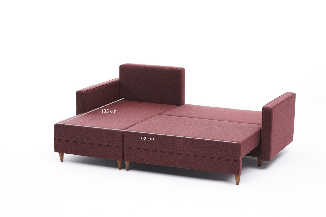Sofá-cama de canto vermelho Claret, estrutura de madeira de faia, 215 x 150 cm | 100% poliéster, fácil de limpar, inclui almofadas | Design escandinavo moderno, perfeito para salas de estar