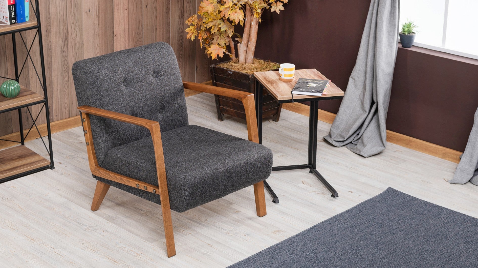 Poltrona moderna – 69x80x83 cm – Cinza escuro – Estrutura de madeira de faia