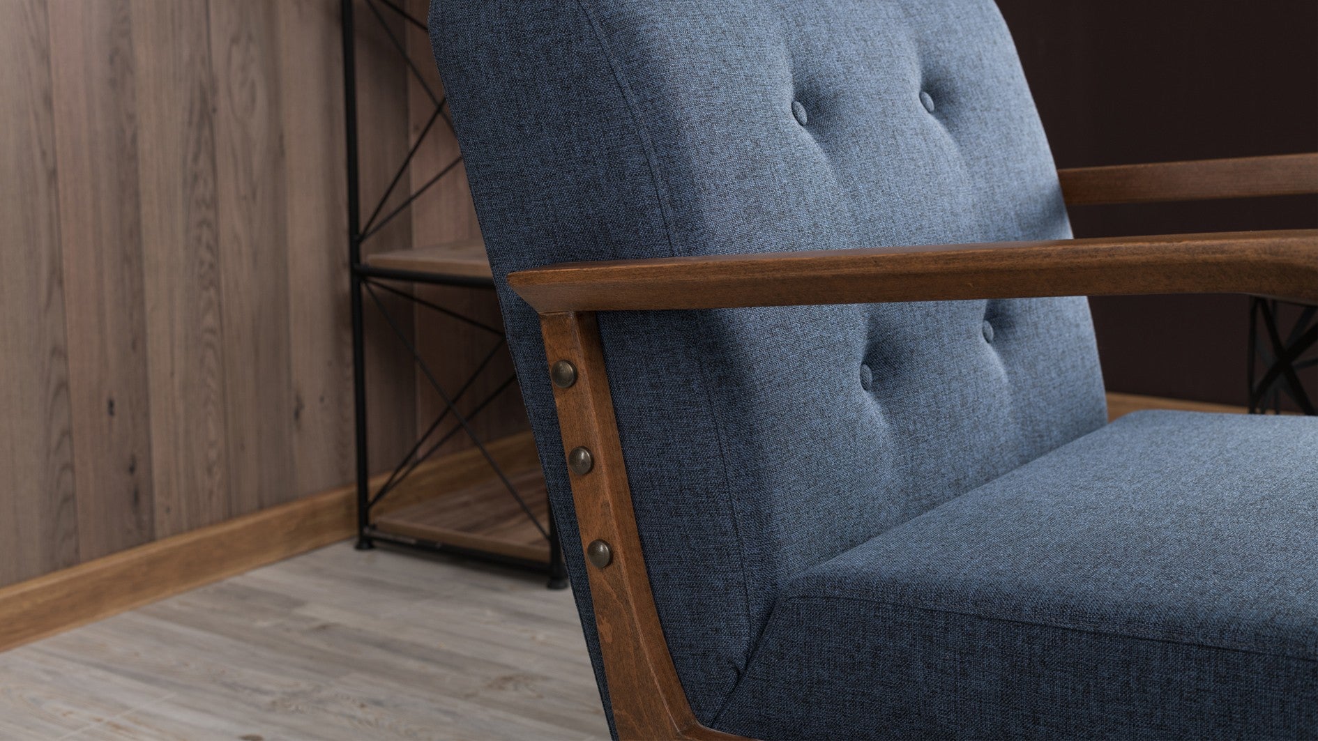 Poltrona moderna – 69x80x83 cm – azul – tecido 100% poliéster e pernas de madeira de faia