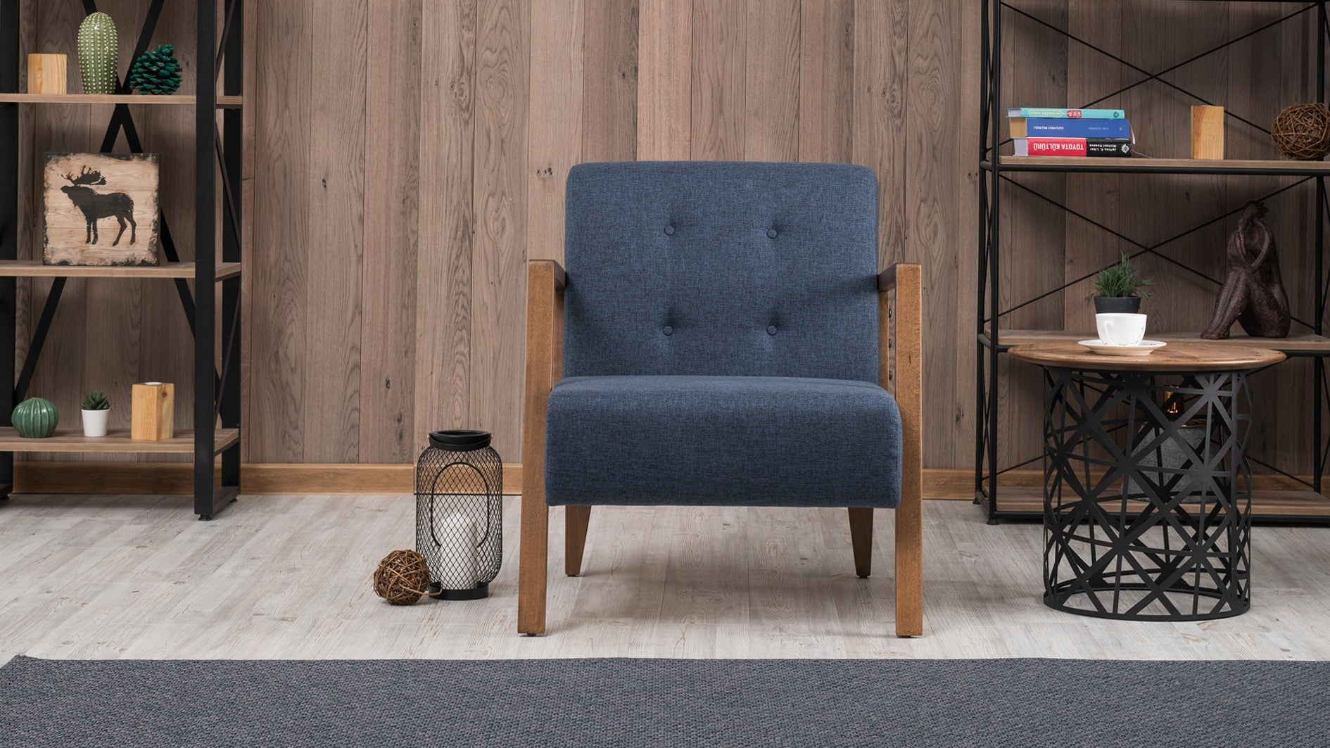 Poltrona moderna – 69x80x83 cm – azul – tecido 100% poliéster e pernas de madeira de faia