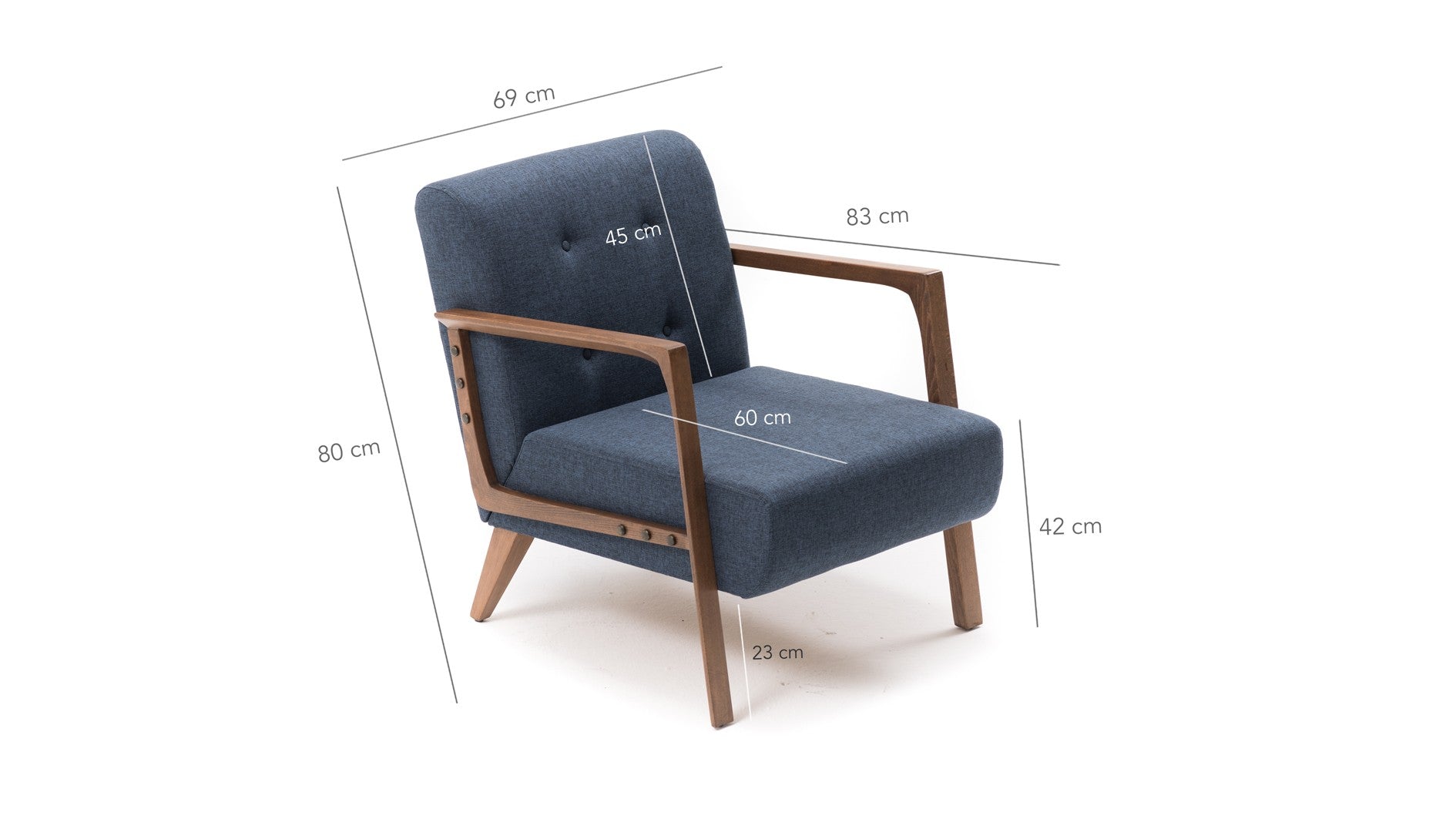 Poltrona moderna – 69x80x83 cm – azul – tecido 100% poliéster e pernas de madeira de faia