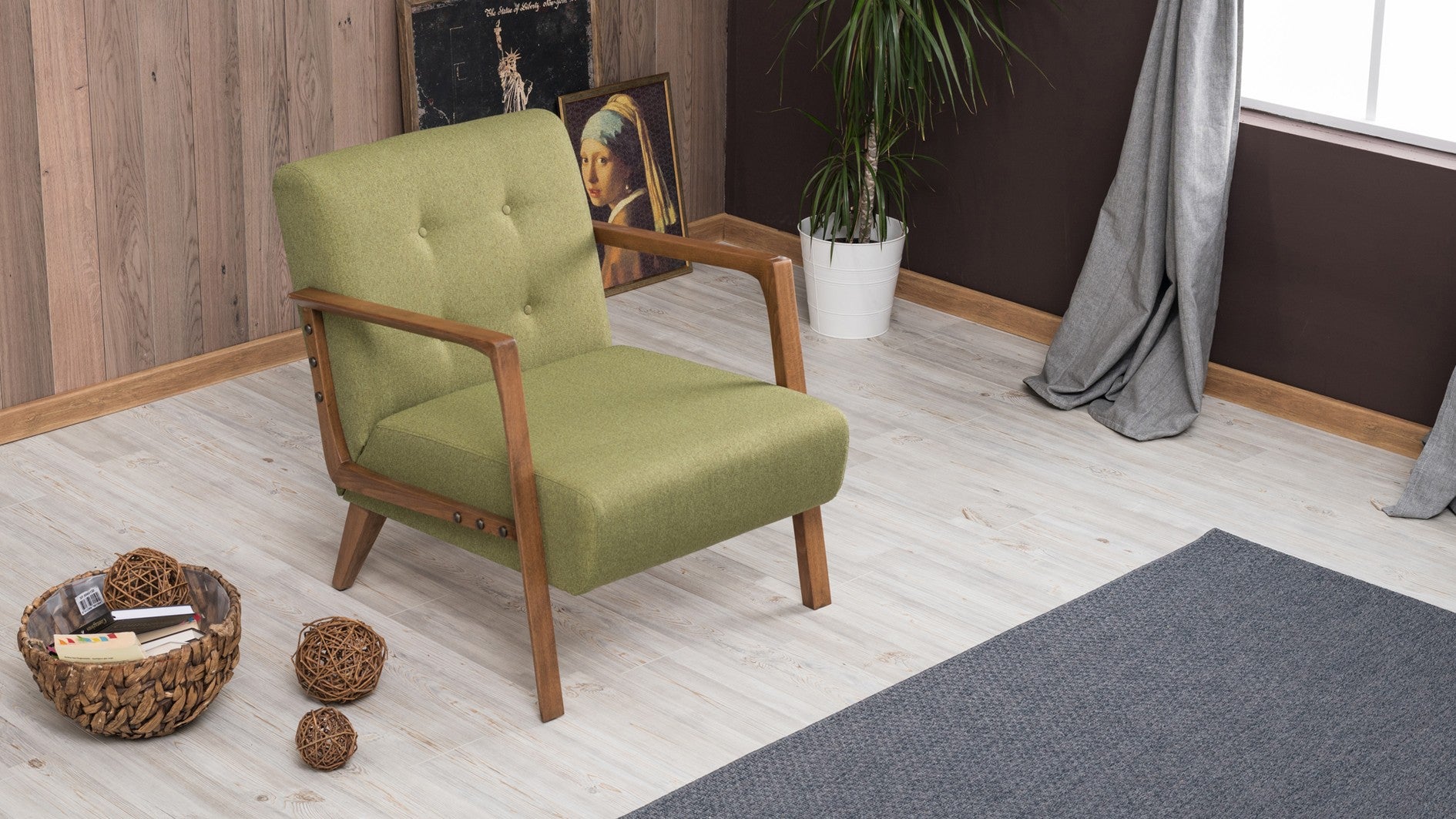 Poltrona moderna – 69x80x83 cm – Verde – 100% poliéster, madeira de faia, nogueira