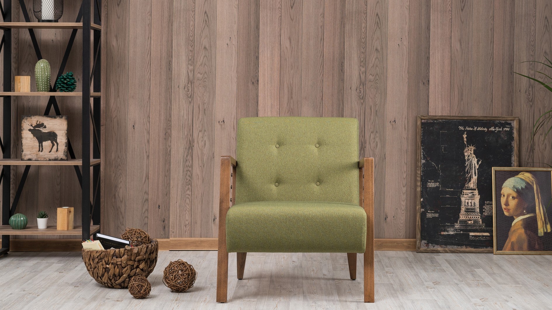 Poltrona moderna – 69x80x83 cm – Verde – 100% poliéster, madeira de faia, nogueira