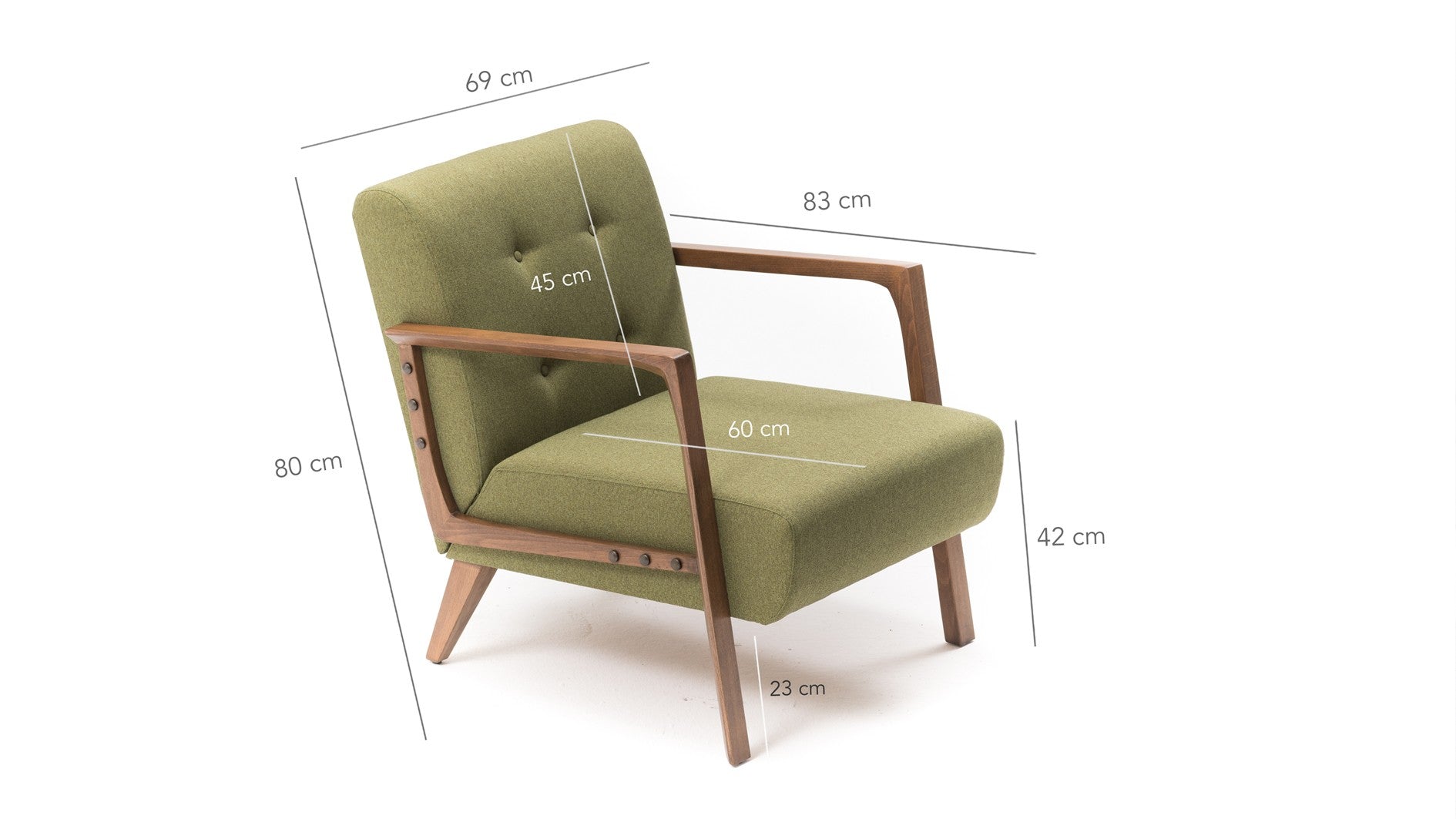 Poltrona moderna – 69x80x83 cm – Verde – 100% poliéster, madeira de faia, nogueira