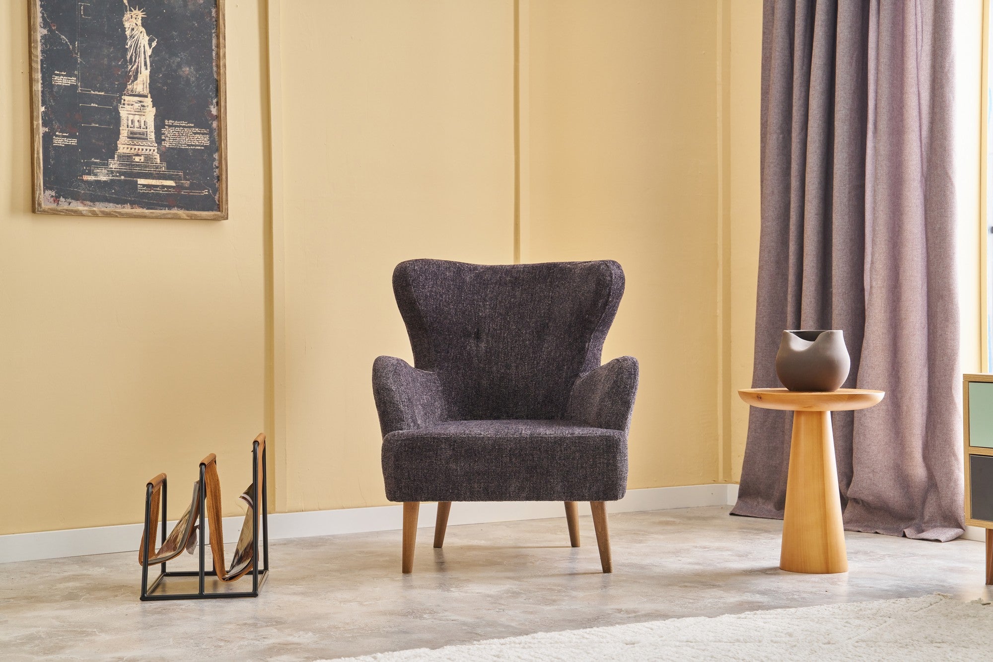Poltrona Elegante – 73 x 87 x 80 cm – Antracite – Madeira de Carvalho e Chenille