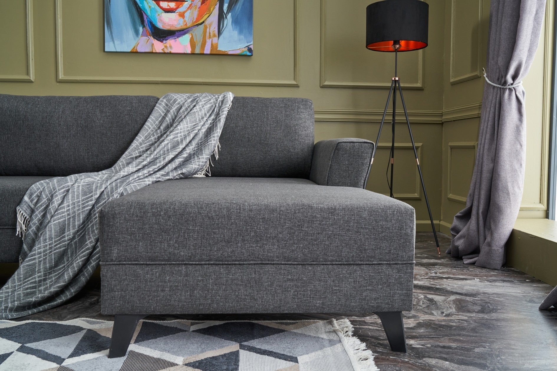 Sofá-cama de canto moderno, antracite, 300 cm | Estrutura de madeira de abeto, tecido 50% poliéster/linho | Fácil de limpar, espuma 28 DNS, perfeito para espaços industriais e escandinavos
